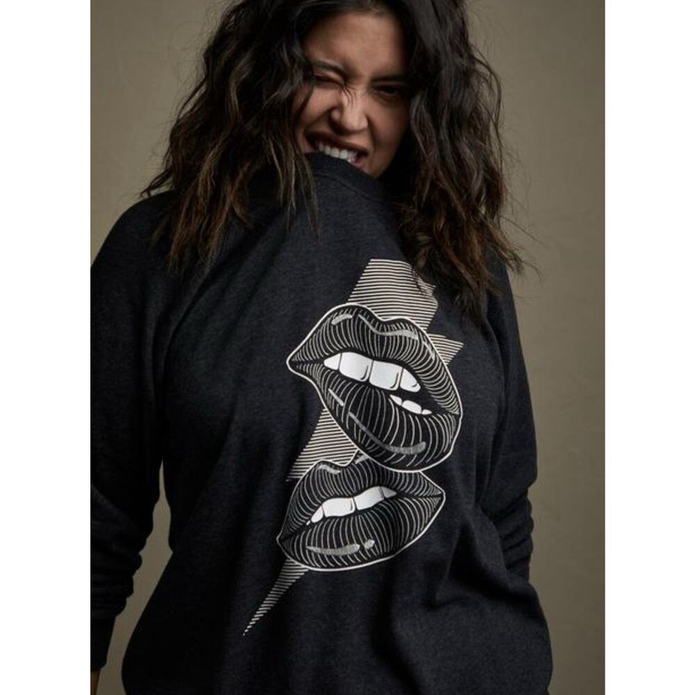 Torrid 1X Lips Hell Raiser Burnout Sweatshirt Grey Long Raglan Sleeve Crew Neck